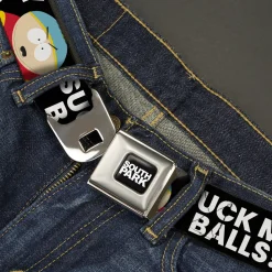 SOUTH PARK Title Logo Full Color Black/White Seatbelt Belt - South Park Cartman SUCK MY BALLS Pose Black/White Webbing