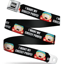 SOUTH PARK Title Logo Full Color Black/White Seatbelt Belt - South Park Cartman I WANT MY CHEESY POOFS Pose Black Webbing