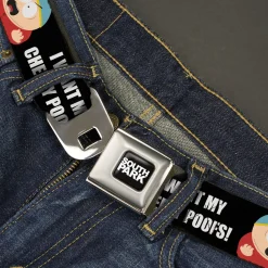 SOUTH PARK Title Logo Full Color Black/White Seatbelt Belt - South Park Cartman I WANT MY CHEESY POOFS Pose Black Webbing