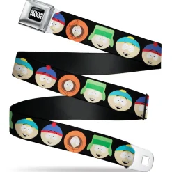 SOUTH PARK Title Logo Full Color Black/White Seatbelt Belt - South Park Boys Face Repeat Black Webbing