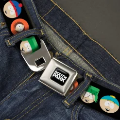 SOUTH PARK Title Logo Full Color Black/White Seatbelt Belt - South Park Boys Face Repeat Black Webbing
