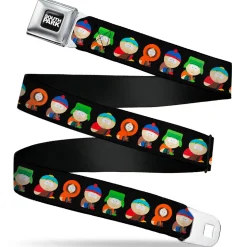 SOUTH PARK Title Logo Full Color Black/White Seatbelt Belt - South Park Boys Faith Hilling Butt Scratch Poses Black Webbing