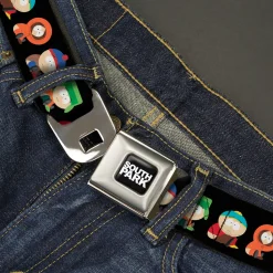 SOUTH PARK Title Logo Full Color Black/White Seatbelt Belt - South Park Boys Faith Hilling Butt Scratch Poses Black Webbing