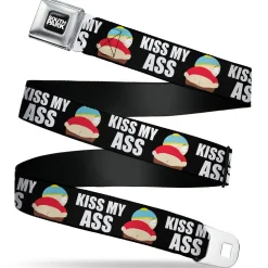 SOUTH PARK Title Logo Full Color Black/White Seatbelt Belt - South Park Cartman Pants KISS MY ASS Pose Black/White Webbing