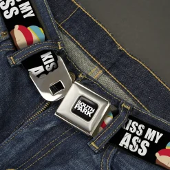 SOUTH PARK Title Logo Full Color Black/White Seatbelt Belt - South Park Cartman Pants KISS MY ASS Pose Black/White Webbing
