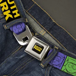 SOUTH PARK Title Logo Full Color Black/Yellow Seatbelt Belt - SOUTH PARK Boys Face Drawing and Title Logo Color Block Multi Color Webbing