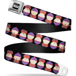 SOUTH PARK Title Logo Full Color Black/White Seatbelt Belt - South Park Stan Flip Poses Black Webbing
