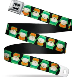 SOUTH PARK Title Logo Full Color Black/White Seatbelt Belt - South Park Kyle Flip Poses Black Webbing