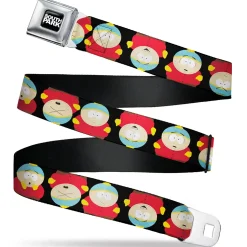 SOUTH PARK Title Logo Full Color Black/White Seatbelt Belt - South Park Cartman Flip Poses Black Webbing