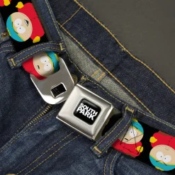 SOUTH PARK Title Logo Full Color Black/White Seatbelt Belt - South Park Cartman Flip Poses Black Webbing