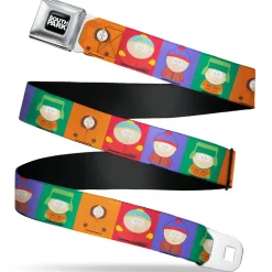 SOUTH PARK Title Logo Full Color Black/White Seatbelt Belt - South Park Boys Pose Blocks Multi Color Webbing