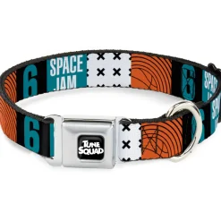 Space Jam 2 TUNE SQUAD Logo Full Color Black/White Seatbelt Buckle Collar - SPACE JAM Number 6 Blocks Black/Turquoise/White/Red
