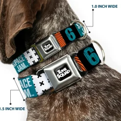 Space Jam 2 TUNE SQUAD Logo Full Color Black/White Seatbelt Buckle Collar - SPACE JAM Number 6 Blocks Black/Turquoise/White/Red