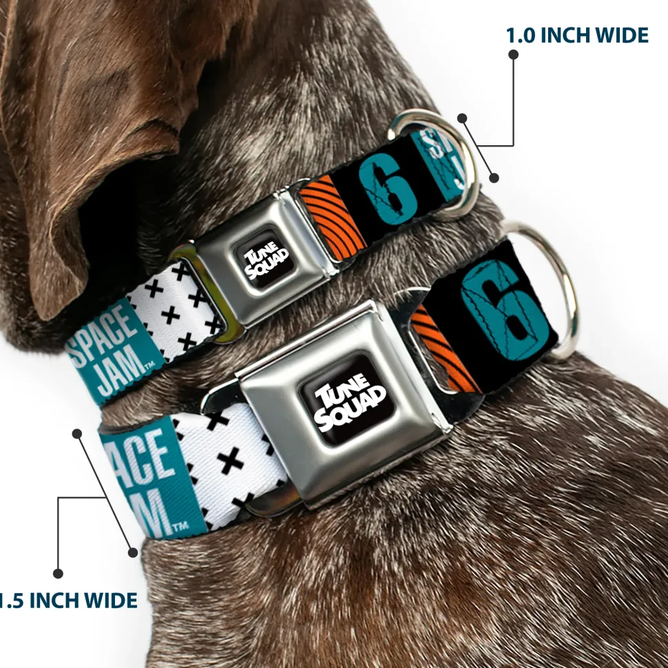 Space Jam 2 TUNE SQUAD Logo Full Color Black/White Seatbelt Buckle Collar - SPACE JAM Number 6 Blocks Black/Turquoise/White/Red