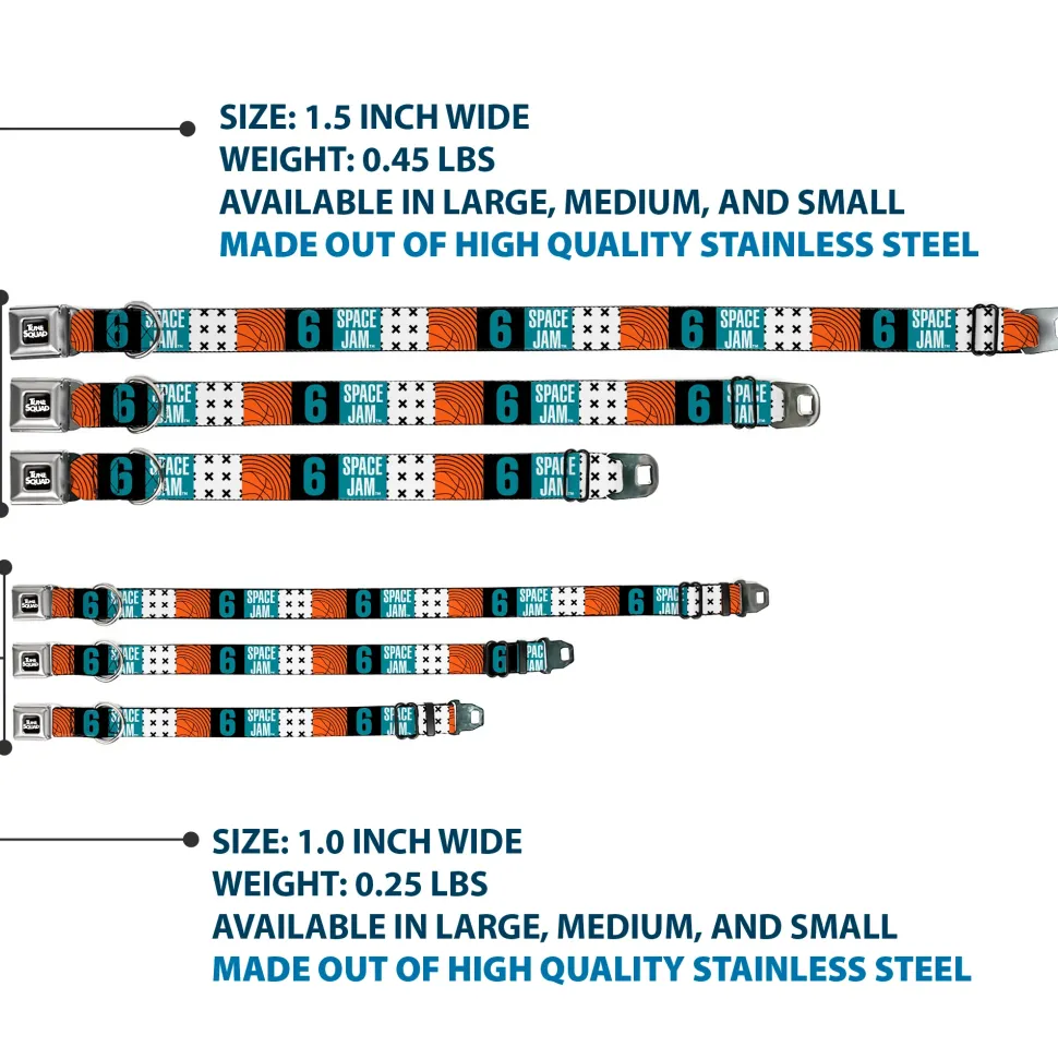 Space Jam 2 TUNE SQUAD Logo Full Color Black/White Seatbelt Buckle Collar - SPACE JAM Number 6 Blocks Black/Turquoise/White/Red