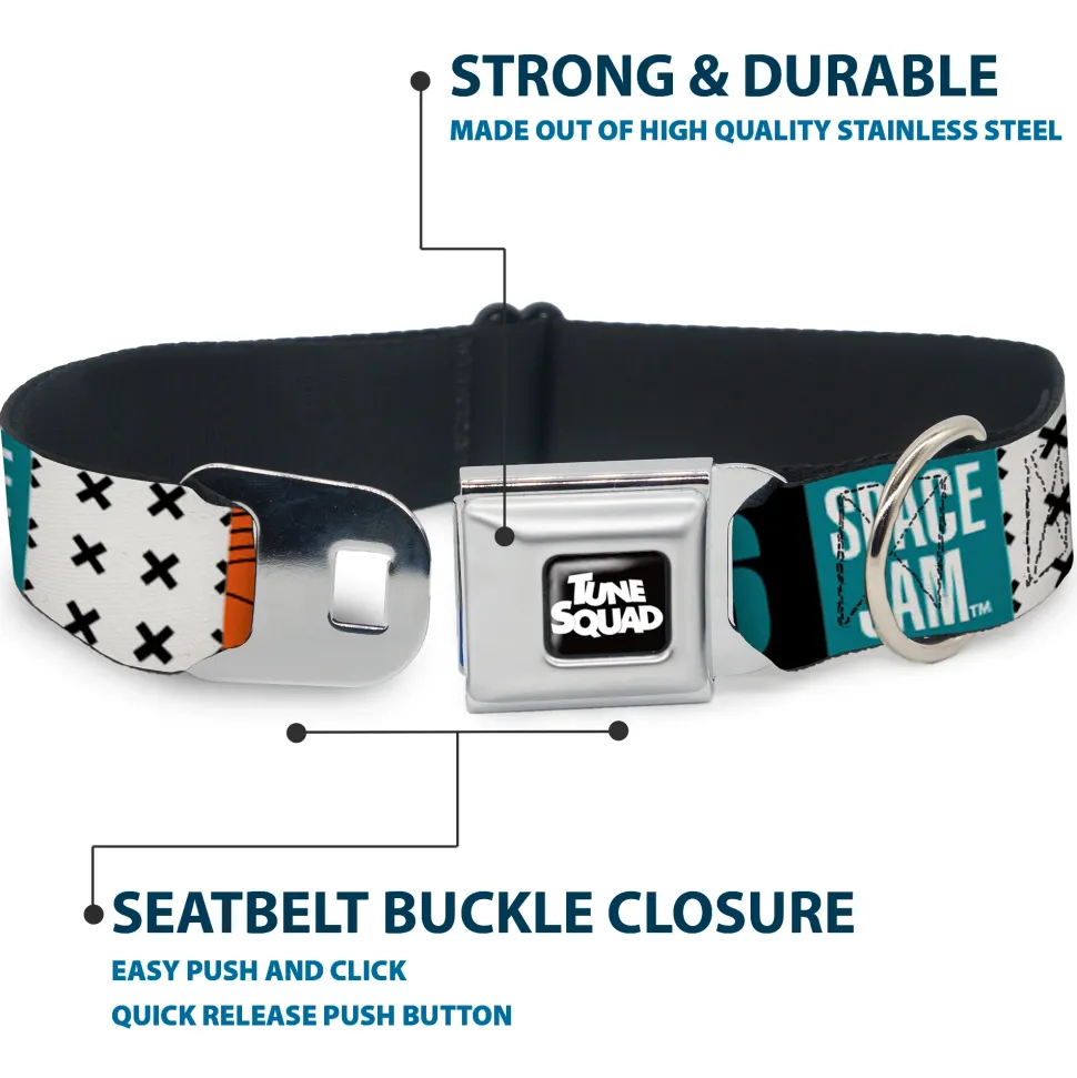 Space Jam 2 TUNE SQUAD Logo Full Color Black/White Seatbelt Buckle Collar - SPACE JAM Number 6 Blocks Black/Turquoise/White/Red