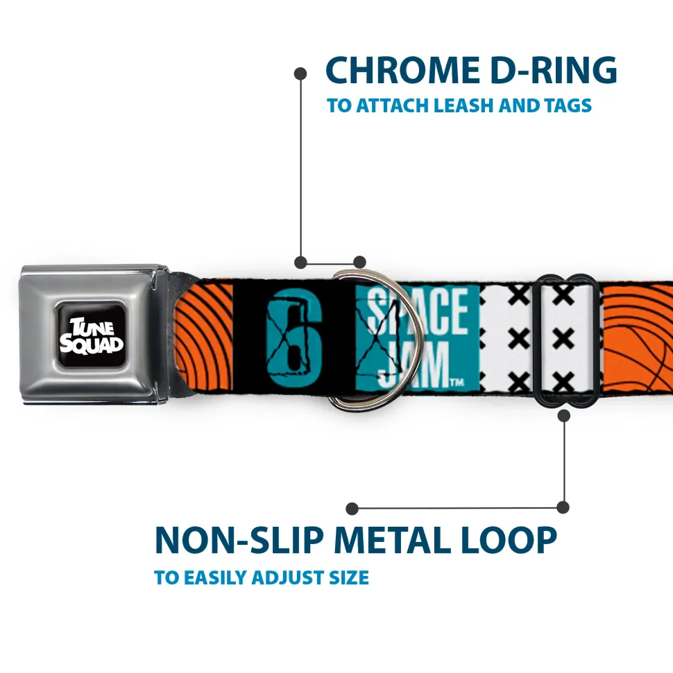 Space Jam 2 TUNE SQUAD Logo Full Color Black/White Seatbelt Buckle Collar - SPACE JAM Number 6 Blocks Black/Turquoise/White/Red