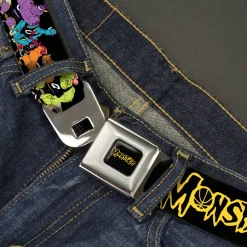 Space Jam MONSTARS Logo Black/Yellow Seatbelt Belt - Space Jam MONSTARS Logo/5-Character Group Pose Black/Yellow Webbing