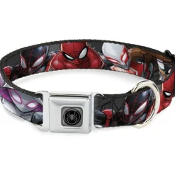 Spider Icon Silver/Black Seatbelt Buckle Collar - 6-Spider Hero Action Poses Grays