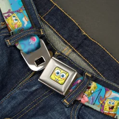 Sponge Bob 3-D Face CLOSE-UP Full Color Seatbelt Belt - SpongeBob & Patrick Starfish Jellyfishing Scenes Webbing