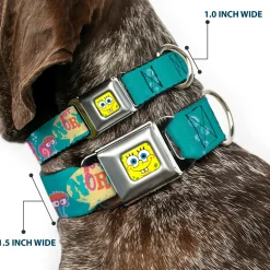 Sponge Bob Face CLOSE-UP Full Color Seatbelt Buckle Collar - Patrick, SpongeBob & Gary NOT NORMAL Aqua