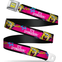 Sponge Bob Face CLOSE-UP Full Color Seatbelt Belt - SpongeBob Pose IT'S SPONGEBOB! Stripe Black/Pink/Blue/White Webbing