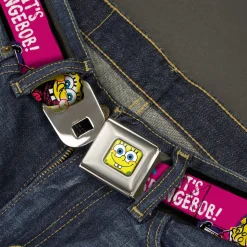 Sponge Bob Face CLOSE-UP Full Color Seatbelt Belt - SpongeBob Pose IT'S SPONGEBOB! Stripe Black/Pink/Blue/White Webbing