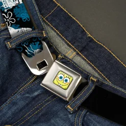 Sponge Bob Face CLOSE-UP Full Color Seatbelt Belt - SpongeBob, Patrick Starfish & Gary the Snail/Flowers Black/Blue/White Webbing