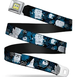 Sponge Bob Face CLOSE-UP Full Color Seatbelt Belt - SpongeBob, Patrick Starfish & Gary the Snail/Flowers Black/Blue/White Webbing