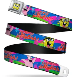 Sponge Bob Face CLOSE-UP Full Color Seatbelt Belt - Nerd SpongeBob & Patrick Starfish Running JUMPIN' JELLYFISH! Multi Color/Red Webbing
