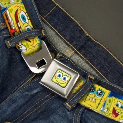 Sponge Bob Face CLOSE-UP Full Color Seatbelt Belt - SpongeBob Expressions Stripe Blue Webbing