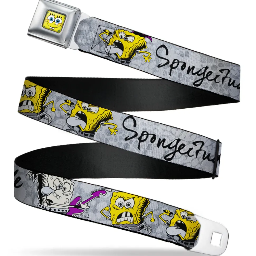 Sponge Bob Face CLOSE-UP Full Color Seatbelt Belt - SpongeBob 3-Poses SPONGEITUDE Grays/Black Webbing