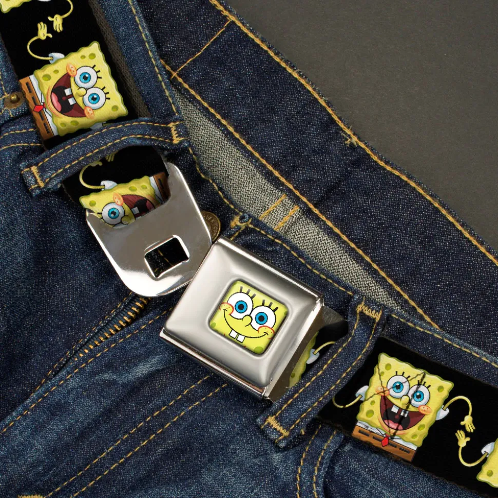 Sponge Bob Face CLOSE-UP Full Color Seatbelt Belt - SpongeBob 3-D Pose Flip Black Webbing
