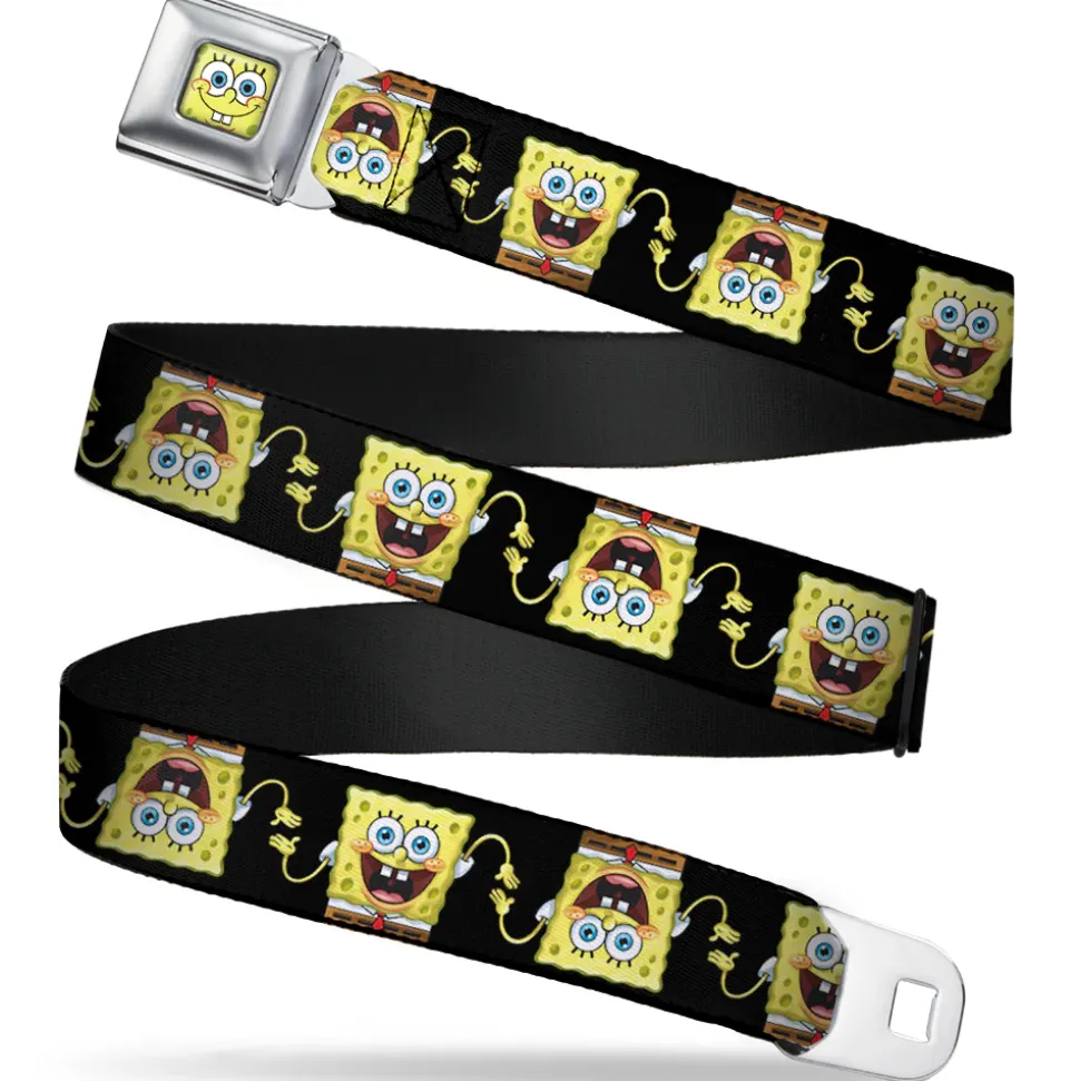 Sponge Bob Face CLOSE-UP Full Color Seatbelt Belt - SpongeBob 3-D Pose Flip Black Webbing