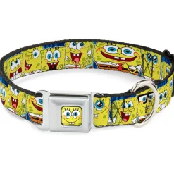 Sponge Bob Face CLOSE-UP Full Color Seatbelt Buckle Collar - SpongeBob Expressions Stripe Blue