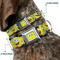 Sponge Bob Face CLOSE-UP Full Color Seatbelt Buckle Collar - SpongeBob Expressions Stripe Blue