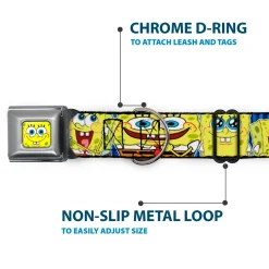 Sponge Bob Face CLOSE-UP Full Color Seatbelt Buckle Collar - SpongeBob Expressions Stripe Blue