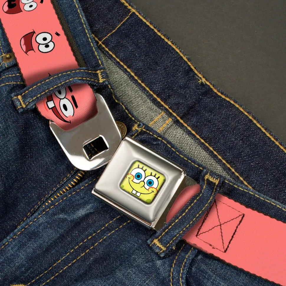 Sponge Bob Face CLOSE-UP Full Color Seatbelt Belt - Patrick Starfish Expressions Pink Webbing
