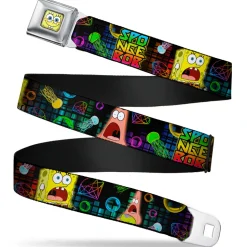 Sponge Bob Face CLOSE-UP Full Color Seatbelt Belt - Surprised SpongeBob & Patrick Starfish/SPONGEBOB/Jellyfish Black/Multi Color Webbing