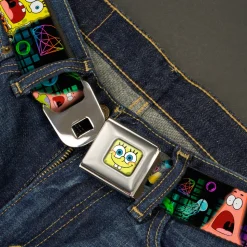 Sponge Bob Face CLOSE-UP Full Color Seatbelt Belt - Surprised SpongeBob & Patrick Starfish/SPONGEBOB/Jellyfish Black/Multi Color Webbing