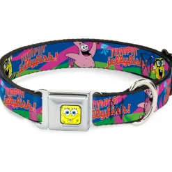 SpongeBob Face CLOSE-UP Full Color Seatbelt Buckle Collar - Nerd SpongeBob & Patrick Starfish Running JUMPIN' JELLYFISH! Multi Color/Red