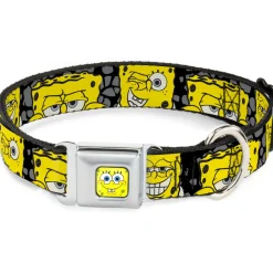 SpongeBob Face CLOSE-UP Full Color Seatbelt Buckle Collar - SpongeBob 4-CLOSE-UP Expressions/Crackle Black/Gray/Yellow