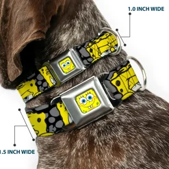 SpongeBob Face CLOSE-UP Full Color Seatbelt Buckle Collar - SpongeBob 4-CLOSE-UP Expressions/Crackle Black/Gray/Yellow