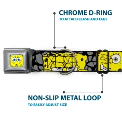 SpongeBob Face CLOSE-UP Full Color Seatbelt Buckle Collar - SpongeBob 4-CLOSE-UP Expressions/Crackle Black/Gray/Yellow