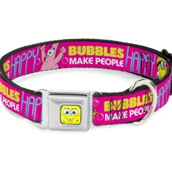 SpongeBob Face CLOSE-UP Full Color Seatbelt Buckle Collar - Patrick Starfish Pose BUBBLES MAKE PEOPLE HAPPY Pink/Yellow/White/Blue