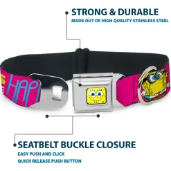 SpongeBob Face CLOSE-UP Full Color Seatbelt Buckle Collar - Patrick Starfish Pose BUBBLES MAKE PEOPLE HAPPY Pink/Yellow/White/Blue