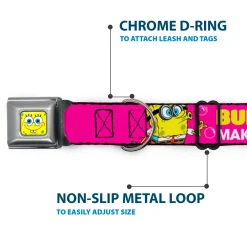 SpongeBob Face CLOSE-UP Full Color Seatbelt Buckle Collar - Patrick Starfish Pose BUBBLES MAKE PEOPLE HAPPY Pink/Yellow/White/Blue