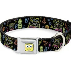 SpongeBob Face CLOSE-UP Full Color Seatbelt Buckle Collar - Electric SpongeBob Poses/Elements Black/Multi Color