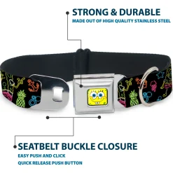 SpongeBob Face CLOSE-UP Full Color Seatbelt Buckle Collar - Electric SpongeBob Poses/Elements Black/Multi Color