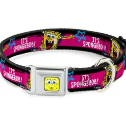 SpongeBob Face CLOSE-UP Full Color Seatbelt Buckle Collar - SpongeBob Pose IT'S SPONGEBOB! Stripe Black/Pink/Blue/White